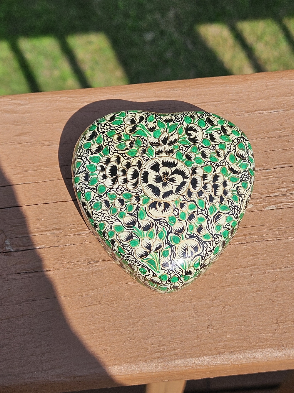 Floral Heart Trinket Box in Green, Black & Cream Made in India